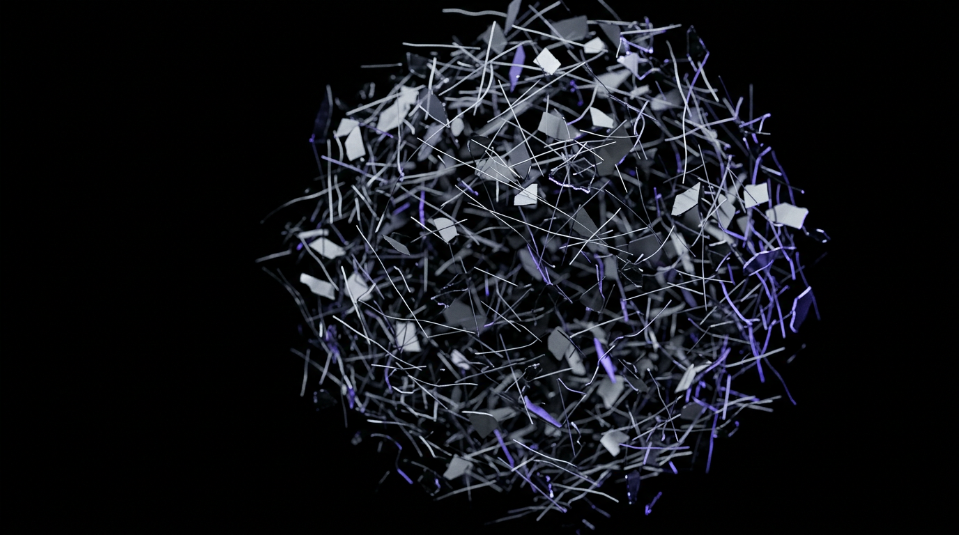 Thousands of fine graphite laminae and filaments drifting loosely in darkness.